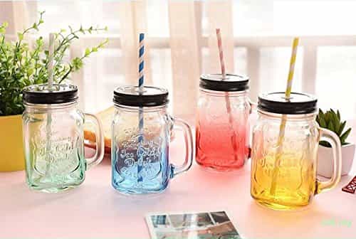 ガラス製 メイソンジャー タンブラー蓋やストロー付き オシャレな色付きデザイン 4色の4個セット